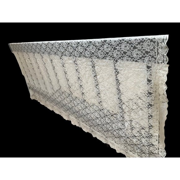 Vintage Ecru Beige NET LACE Floral Banquet Tablecloth 102" x 66" Scalloped Edge - Picture 1 of 7
